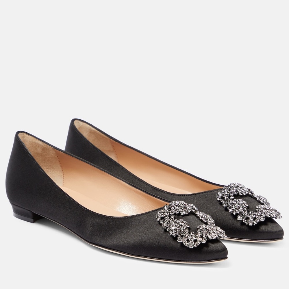 Manolo Blahnik Black Satin Pointed Toe Flats with Crystal Buckle